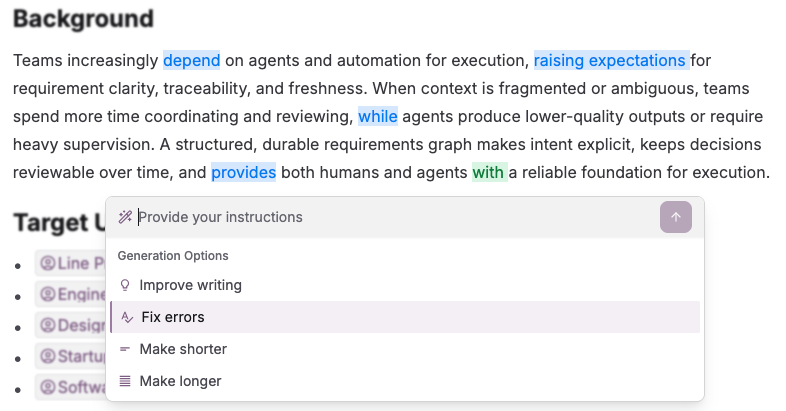 Selection menu with AI actions